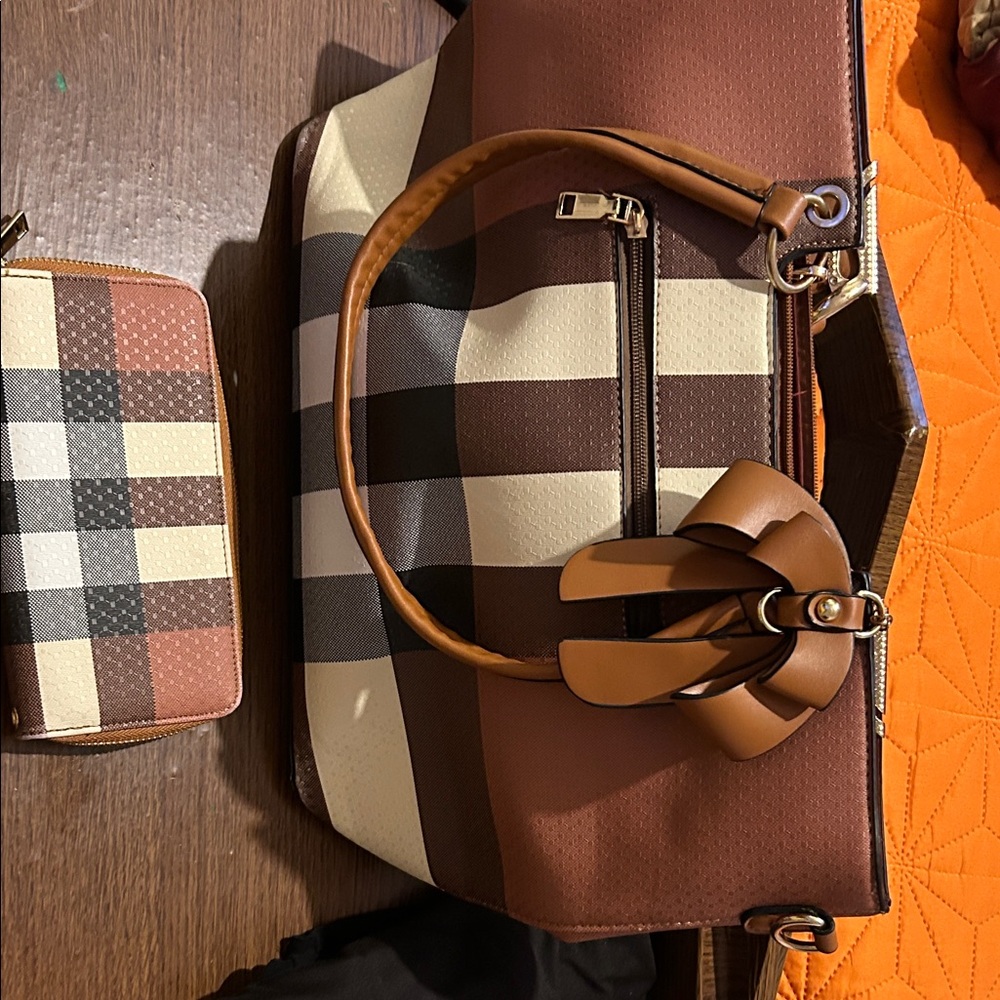 Elegant Brown and Cream Checkered Women's Bag